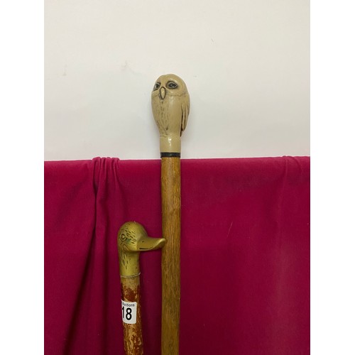 618 - 2 Antique walking canes, 1 brass duck head and hand carved owl.