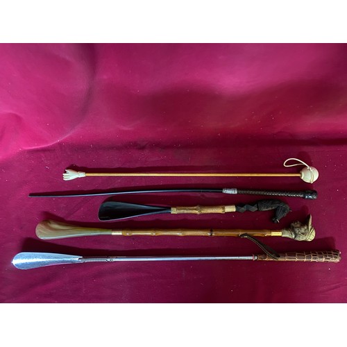 620 - 3 vintage shoe horns, 1 back scratcher and a horse whip