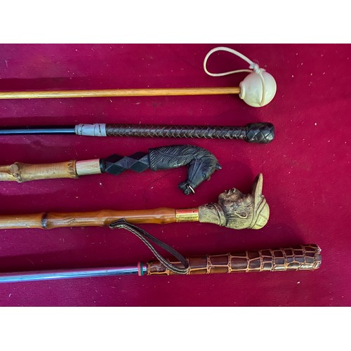 620 - 3 vintage shoe horns, 1 back scratcher and a horse whip