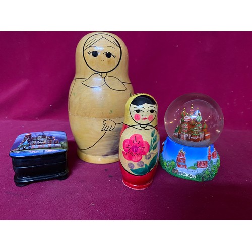 625 - Vintage russian dolls, Papier Mache trinket box with mother of pearl and a snow globe.