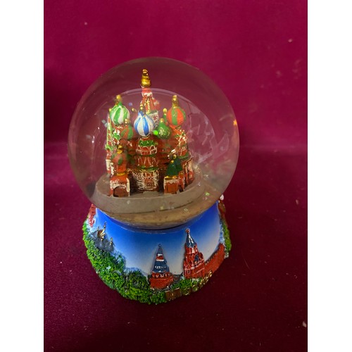 625 - Vintage russian dolls, Papier Mache trinket box with mother of pearl and a snow globe.