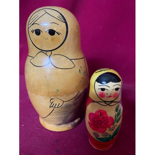 625 - Vintage russian dolls, Papier Mache trinket box with mother of pearl and a snow globe.