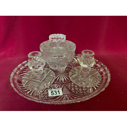 531 - Vintage art deco glass dressing table tray and set.