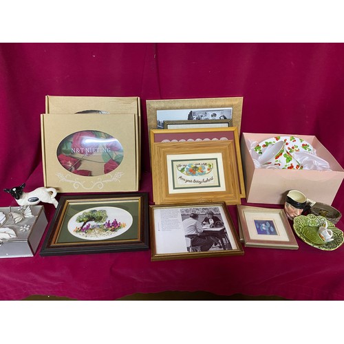 914 - Box lot of curios including teaset for 1, pictures, flowers, ornaments