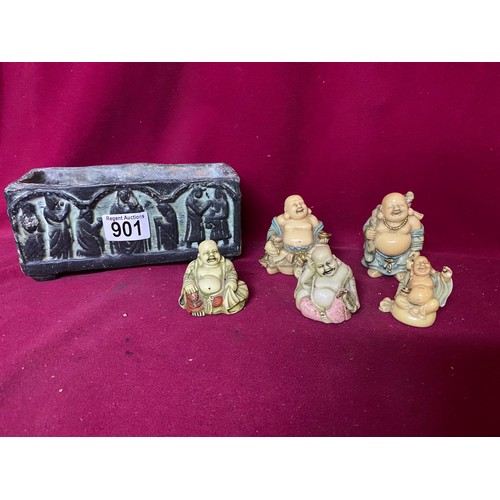 901 - Collection of 5 x Buddha's, largest measuring 8 cms tall in reliquary box