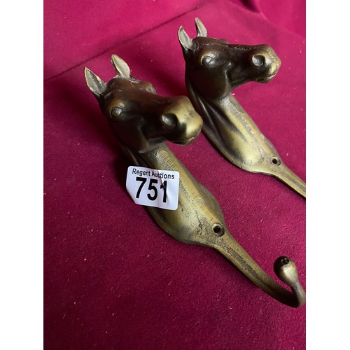 751 - Two Brass Horse Head Hooks, pre 1970's.