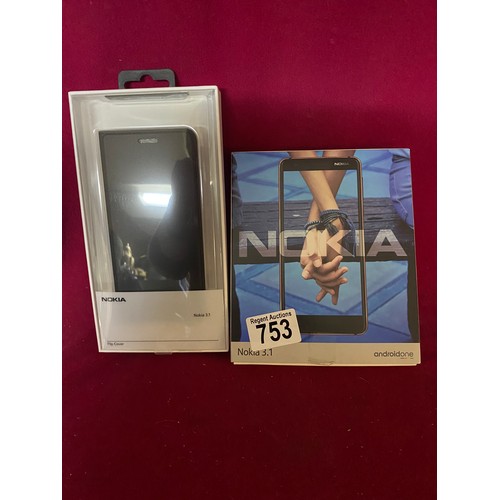 753 - Nokia 3-1 mobile phone boxed with Nokia 3-1 phone Flip Case cover, boxed and in new condition.