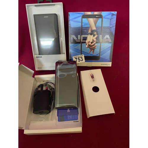 753 - Nokia 3-1 mobile phone boxed with Nokia 3-1 phone Flip Case cover, boxed and in new condition.