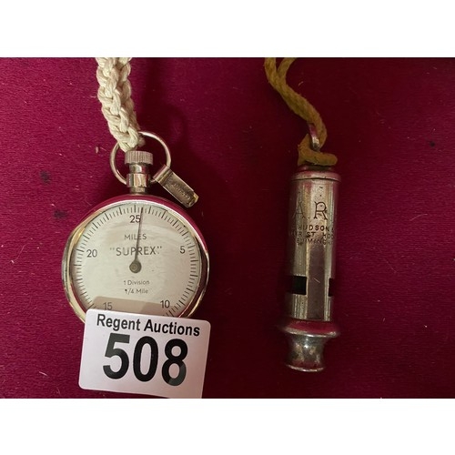 508 - Vintage WW2 ARP whistle and Suprex stop watch.