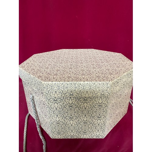 103 - Hat box with handles complete with sequinned Pill Box hat in cream with net trim. Excellent conditio... 