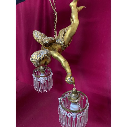 172 - Pair of Art Deco gold putti cherub hanging chandeliers with cherubs measuring 34 cms long