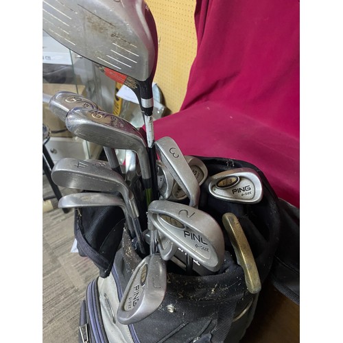 102 - Ping golf bag with Ping I-3 left handed irons, a Ping G5 wood, Dunlop driver and Dunlop putter