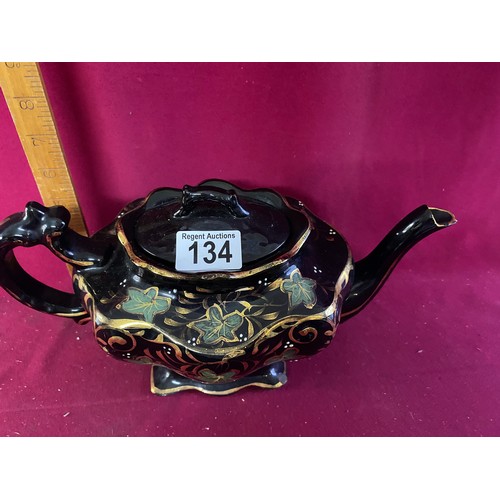 134 - Art Nouveau mourning Teapot. Hand Painted Ivy pattern, possibly Jackfield