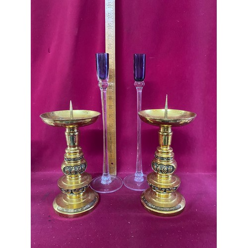 147 - 6 pairs of vintage candlestick holders, brass, glass and porcelain