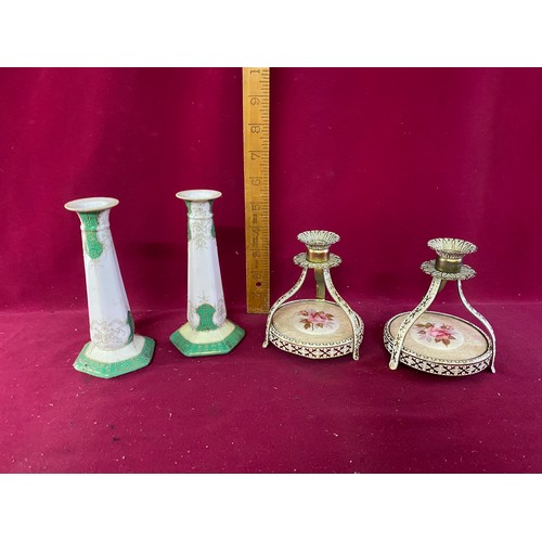 147 - 6 pairs of vintage candlestick holders, brass, glass and porcelain