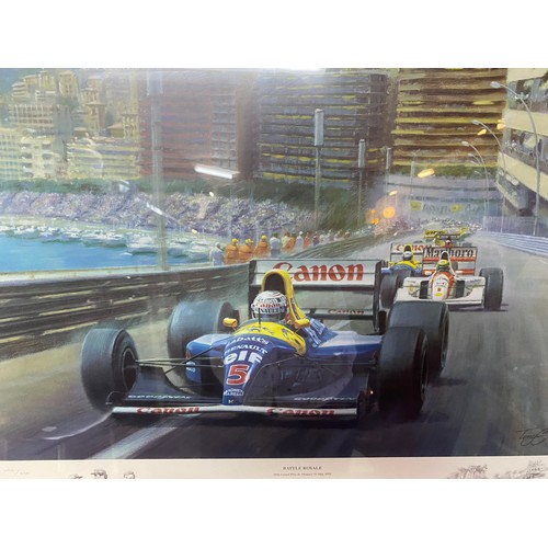 158 - Framed limited edition print by Tony Smith 'Battle Royale' Nigel Mansell and Ayrton Senna no.402/600