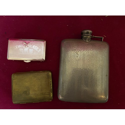 179 - Collection of metalware including musical biscuit tin, hip flask, jewellery box, cigarette case, tra... 