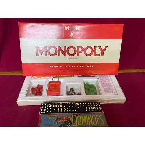 196 - Vintage Greyhound Brand Dominoes in box and 1970's Monopoly game, complete.