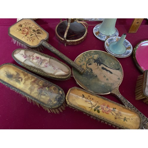 199 - Various Antique and vintage dressing table brushes, mirrors and trays.