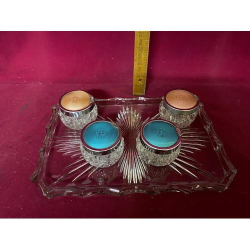 201 - 4 Art Deco lidded glass vanity jars on glass tray