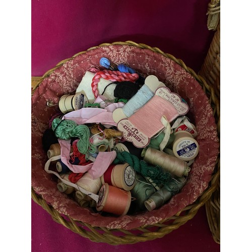 205 - 2 vintage sewing baskets filled with cottons, silks and needles.