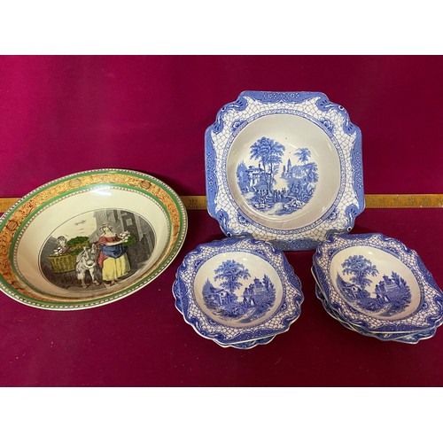 217 - Antique Adams pottery blue and white dessert set, a William Adams plate and Chinese pattern bowl.