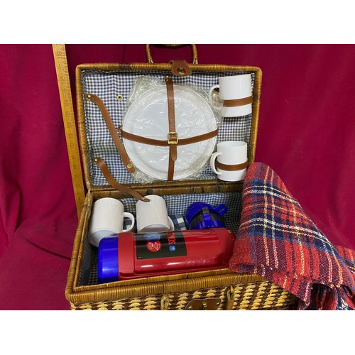 224 - Vintage wicker picnic hamper including contents and tartan rug