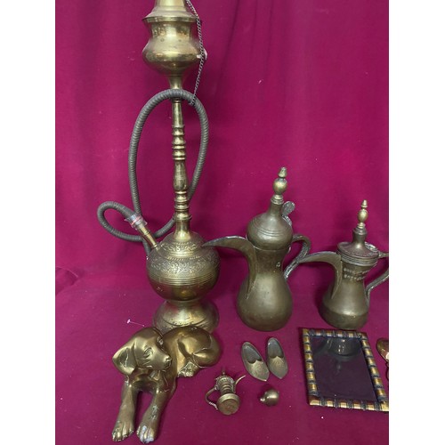 245 - Box of brassware including Hookah Pipe and Spirit Kettle