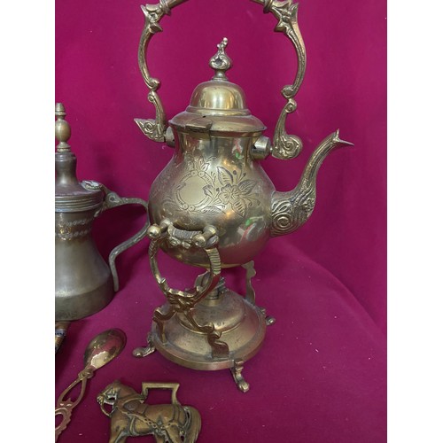 245 - Box of brassware including Hookah Pipe and Spirit Kettle