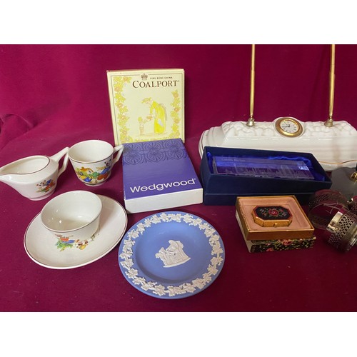 248 - Box of collectables including Belleck desk stand, Emma Bridgwater Mug and other Coalport pieces.