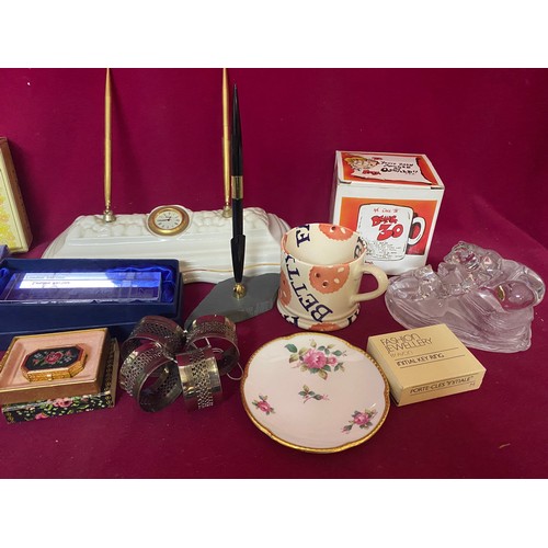 248 - Box of collectables including Belleck desk stand, Emma Bridgwater Mug and other Coalport pieces.