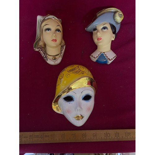 305 - Pair of Venetian chalkware wall masks and Art Deco Porcelain wall mask.