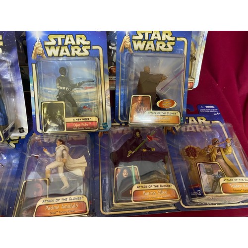 331 - 15 Star Wars Episode I Attack of the Clones figures, sealed on blue cards by Hasbro.