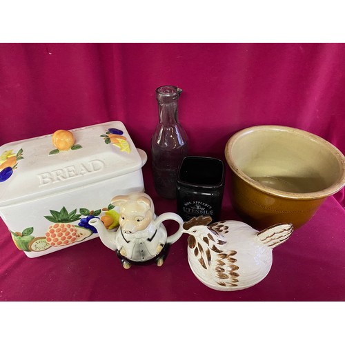 151 - Selection of vintage kitchenalia, including bread bin, utensil holder, egg holder, glazed bowl, milk... 