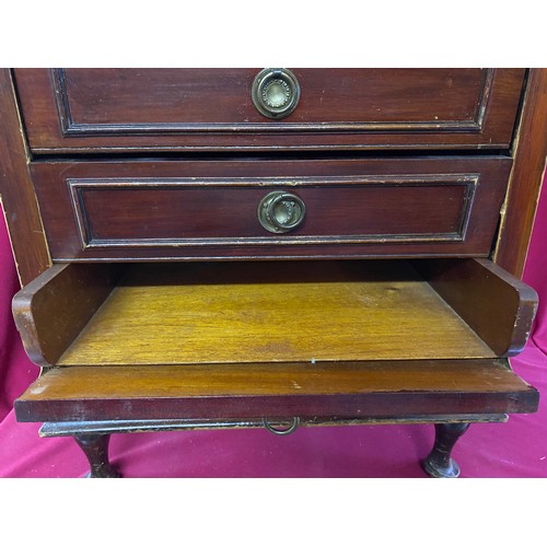 233 - Piano stool with red covered seat and 3 drawers to base with hinge fronts.