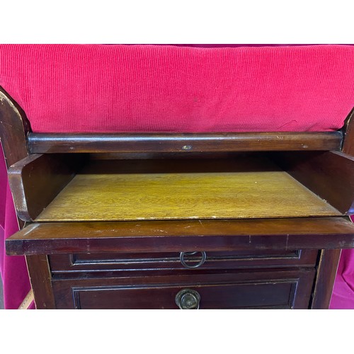 233 - Piano stool with red covered seat and 3 drawers to base with hinge fronts.