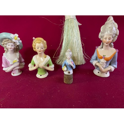 288 - Vintage porcelain and Bisque miniature 1/2 dolls, brush and perfume bottle stopper