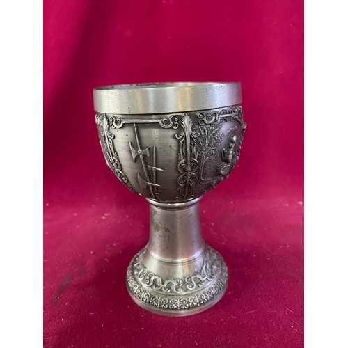 291 - Vintage German Zinn Pewter embossed chalice standing 14 cms tall