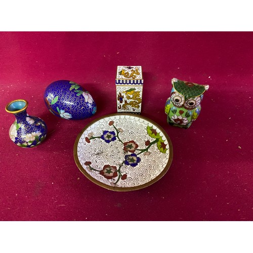 300 - Vintage enamel Chinese Cloisonne pin dish, Dragon Lidded Pot, Owl, Egg and miniature Vase.