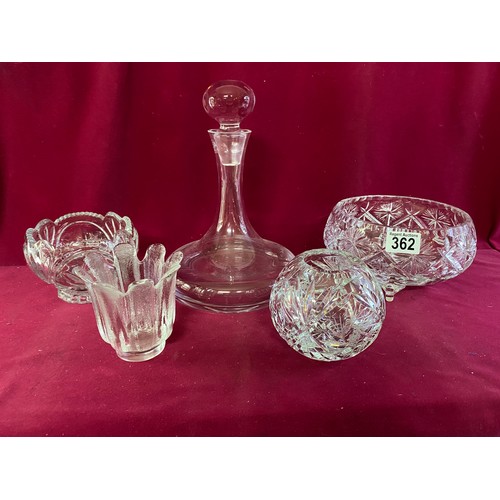 362 - Selection of 5 pieces of crystal comprising of 3 bowls, LSH decanter and a Darlington candle holder.