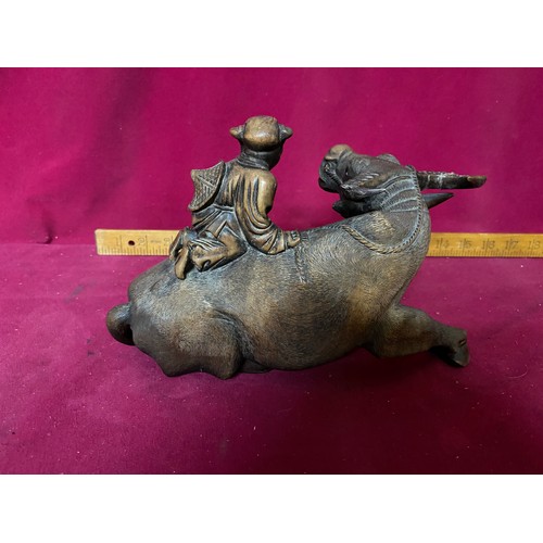 400 - Antique Chinese wood sculpture of a Water Buffalo. The horn and hoof have been restored but otherwis... 