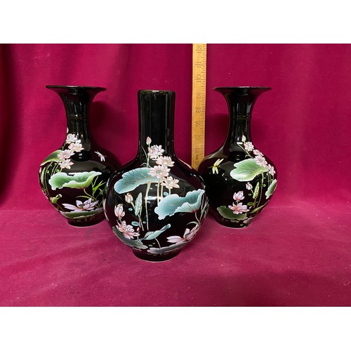 403 - Selection of 3 vintage Chinese vases depicting insects and flowers, tallest is 24cms