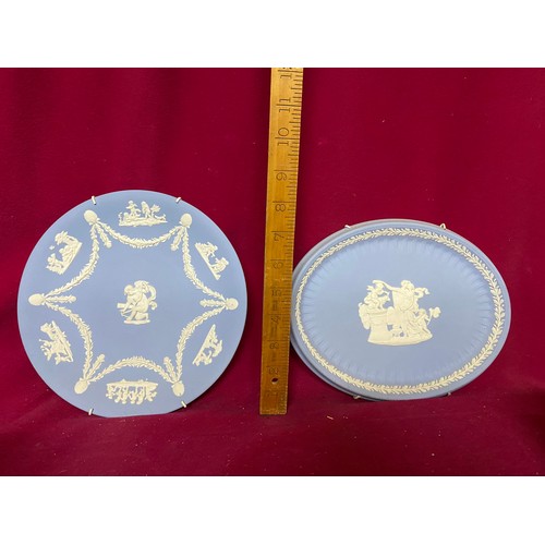 404 - Selection of Antique Blue Wedgwood Jasperware comprising of trinket pots and plates.