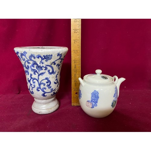 405 - Antique Blue and White Chinese vase and Oriental teapot, vase is 16cms.