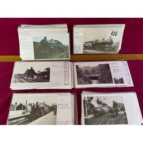 420 - Collection of old Railroad and train postcards with descriptions.