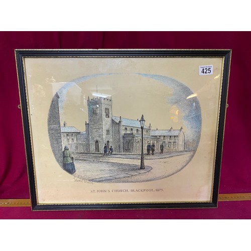 425 - Glass framed colour print of St Johns Church Blackpool 1875 by Edward Hawkin, 22x18ins. Framed by St... 