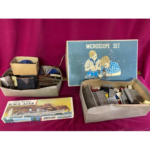 431 - Vintage Microscope set, assortment of Lego, H.M.S. Ajax model plane and some vintage mecanno style p... 