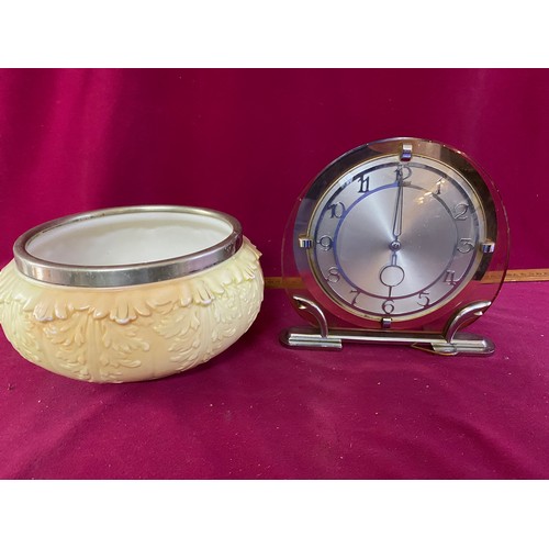 433 - Vintage electric mantle clock and bowl with metal trim