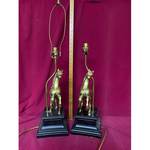 385 - Pair of Brass Horse lamps on wooden base.