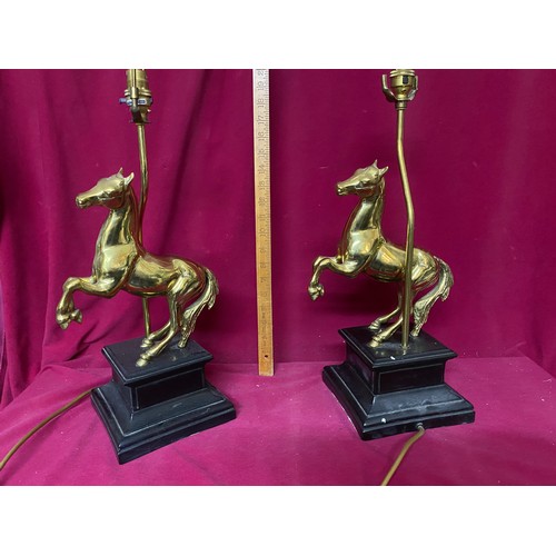 385 - Pair of Brass Horse lamps on wooden base.